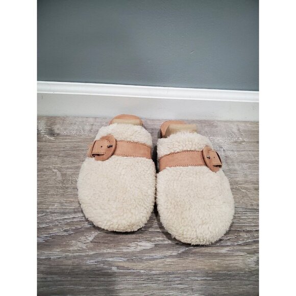 J. Crew Brown/Cream Sherpa Lined Buckle Clog Slippers Sz 5M Buckle Comfort - Picture 2 of 12
